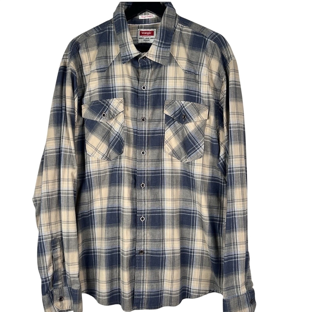 Wrangler Mens 2XL Plaid Western Button Down Shirt Navy Blue Tan Flex for Comfort